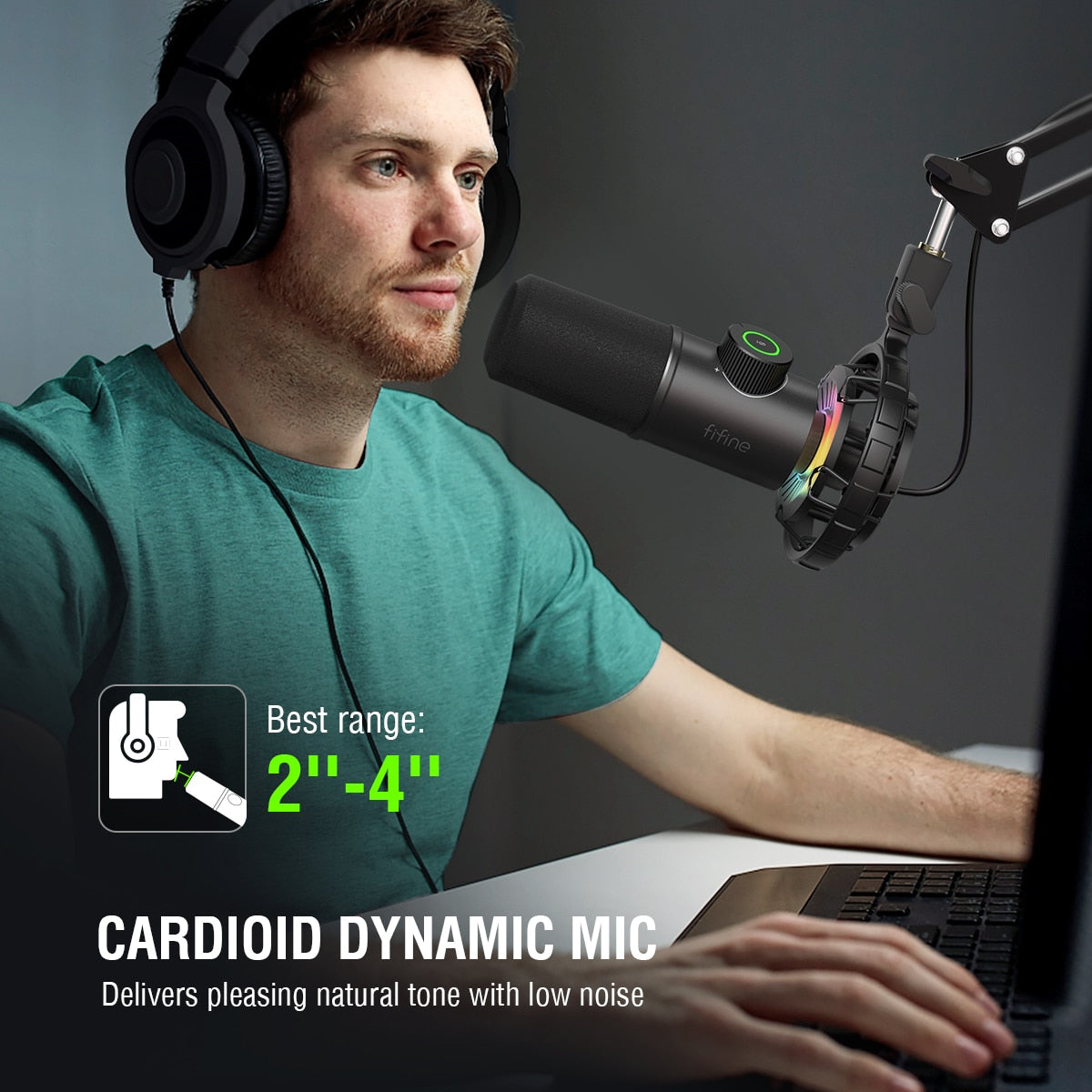 FIFINE Dynamic Microphone for windows&laptop,USB Mic for Gaming YouTube with Tap-to-Mute Button/RGB Light/Headphone Jack -K658