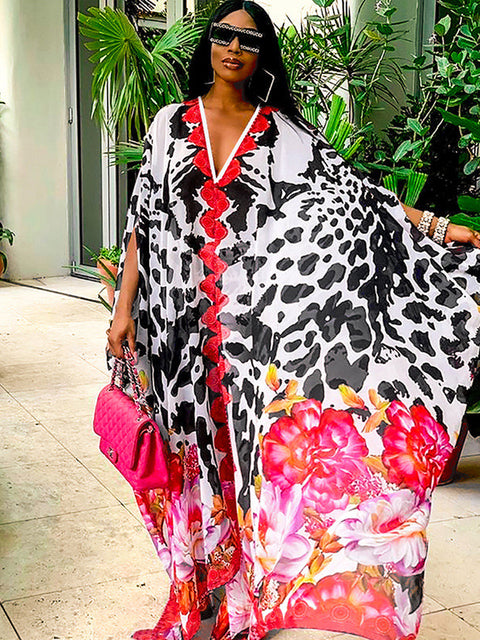 Over Size Bohemian Dress Chiffon Beach Cover Up 2022 V Neck Leopard Print Beachwear Summer Dress Robe Plage Swimsuit Cover Up