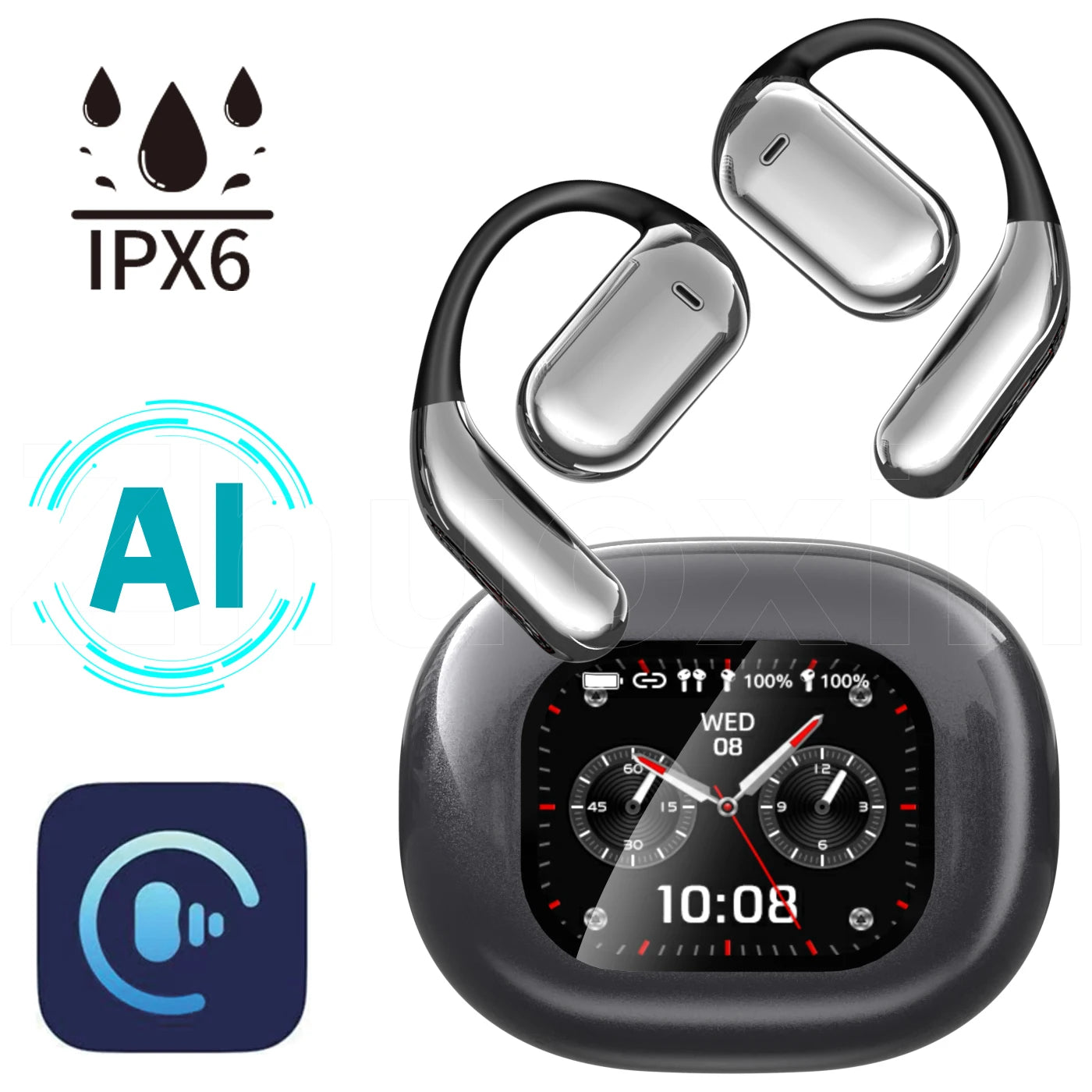 Pro Ear Hook Sports Touch Screen Custom Fit Wireless Earbuds V5.4 ENC IPX-6 Type-C 10-15h Battery