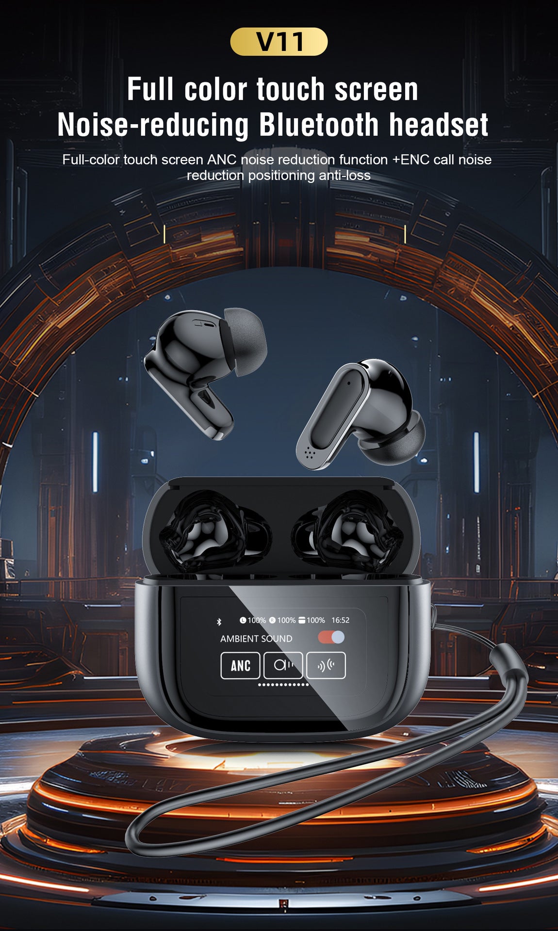 V11 Touch Screen Headphones ANC Bluetooth5.4 Noise Cancelling Earphones HiFi Stereo Wireless In-Ear ENC Earbuds With Mic