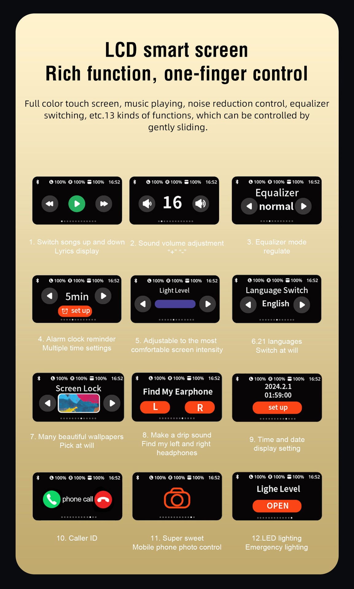 V11 Touch Screen Headphones ANC Bluetooth5.4 Noise Cancelling Earphones HiFi Stereo Wireless In-Ear ENC Earbuds With Mic