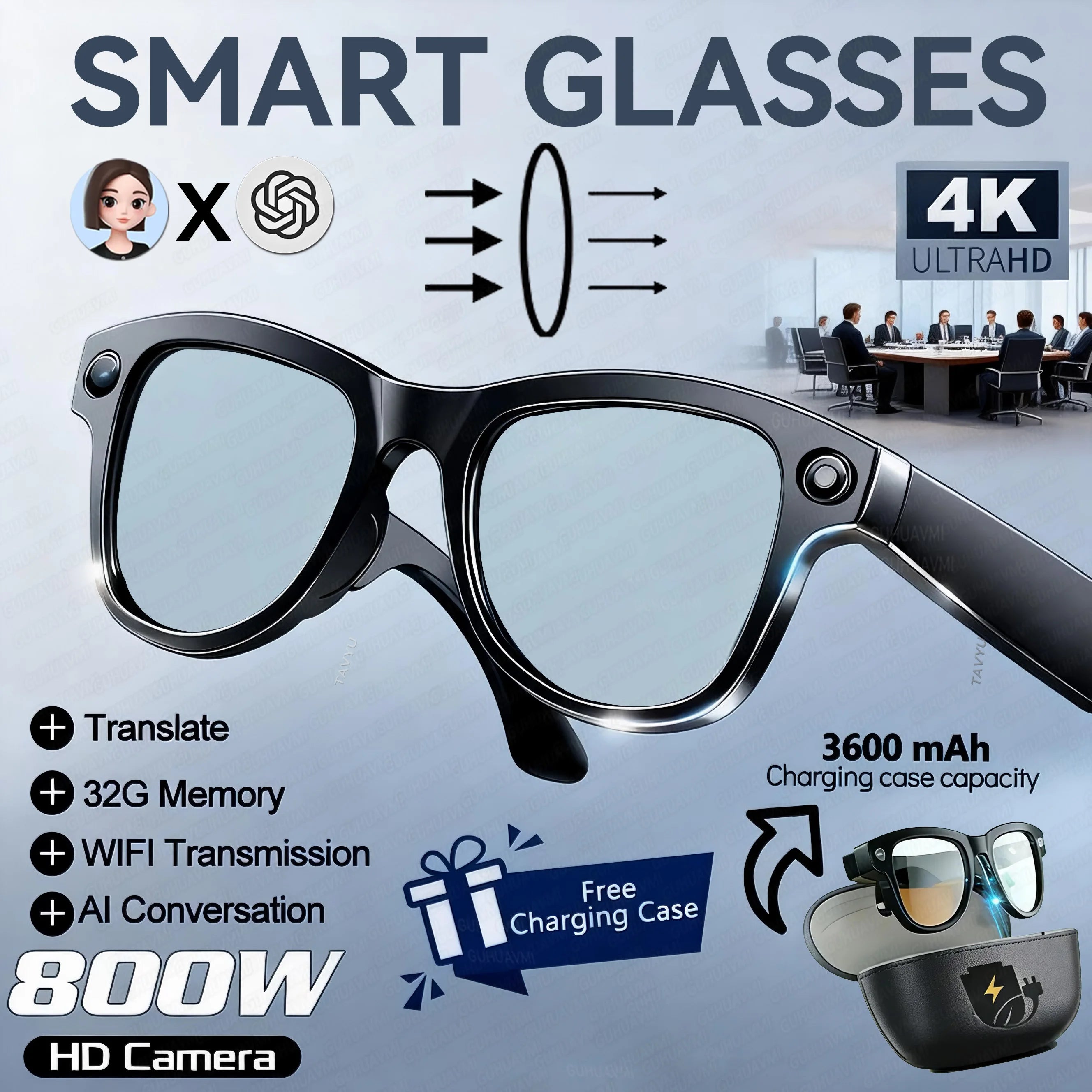 AI Glasses 1080P HD Camera M02 Ultra ChatGPT 3600mAh Charging Case Power Bank 32GB Translation Music Video Sunglasses
