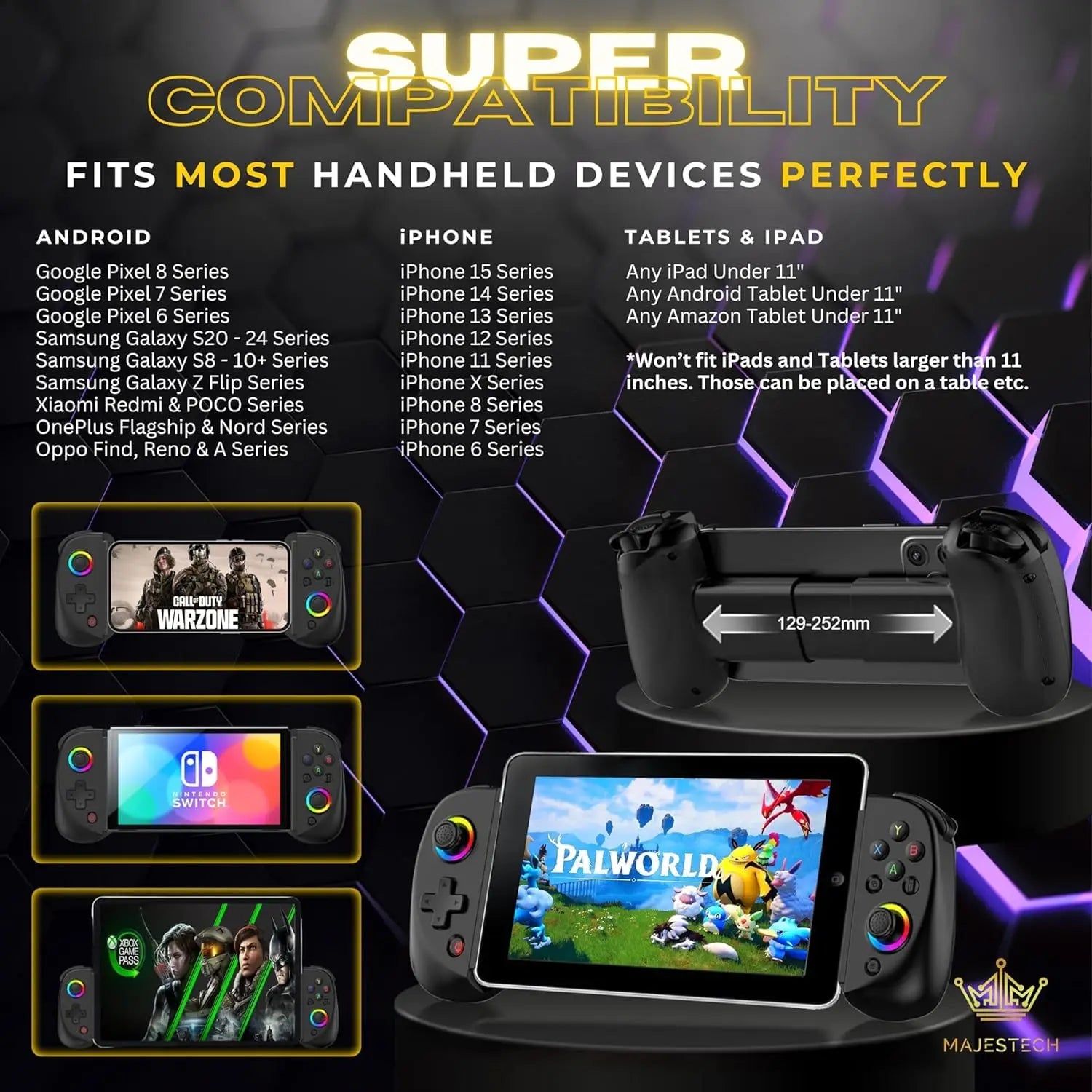 Mobile Gaming Controller for iPhone/Android/iPad/Tablet,Play Xbox Cloud,PS Remote PlayRGB Hall Joystick