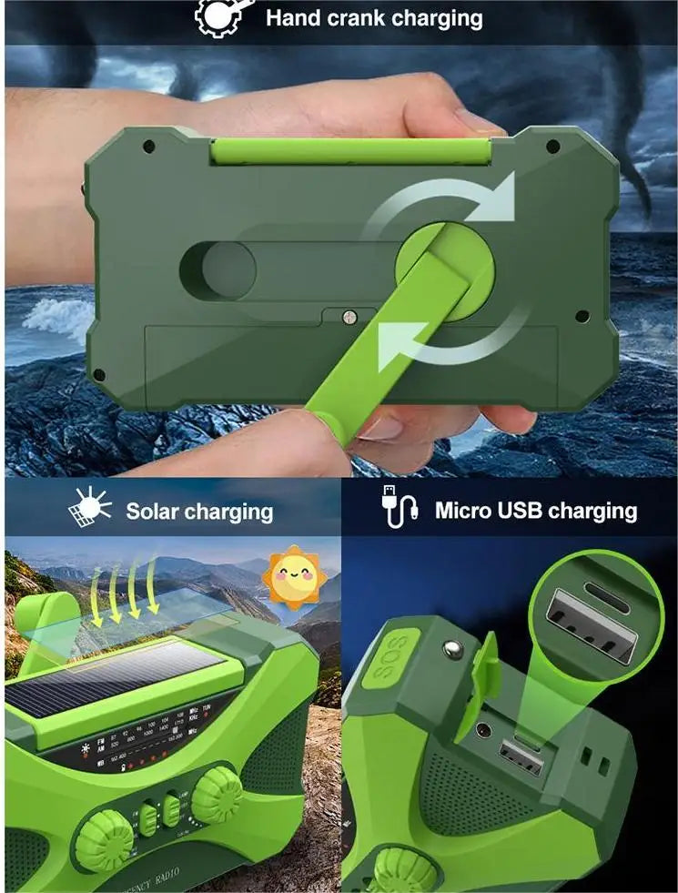 12000mAh Hand Crank Solar Power Radio Portable AM/FM/NOAA Weather Radio with LED Flashlight Power Bank Outdoor Emergency Radio
