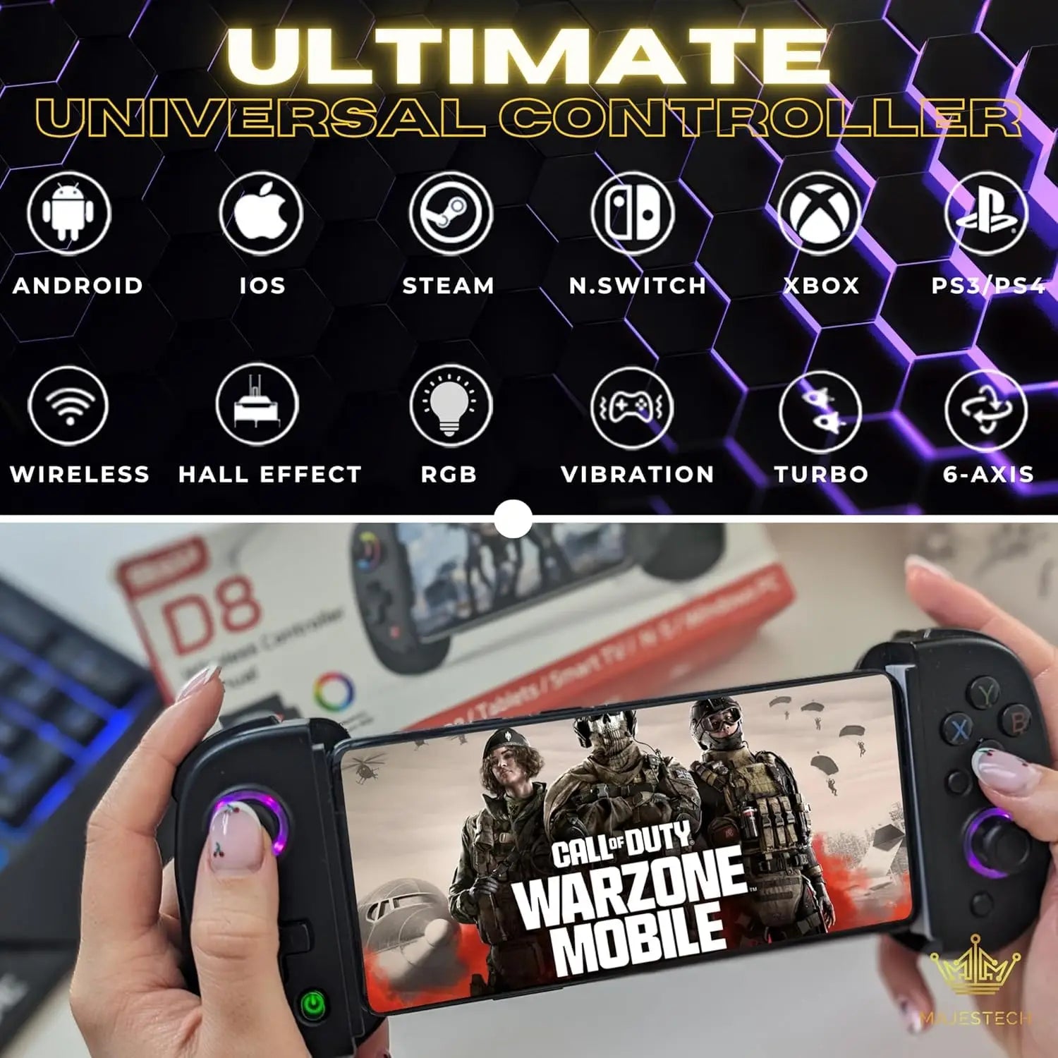 Mobile Gaming Controller for iPhone/Android/iPad/Tablet,Play Xbox Cloud,PS Remote PlayRGB Hall Joystick