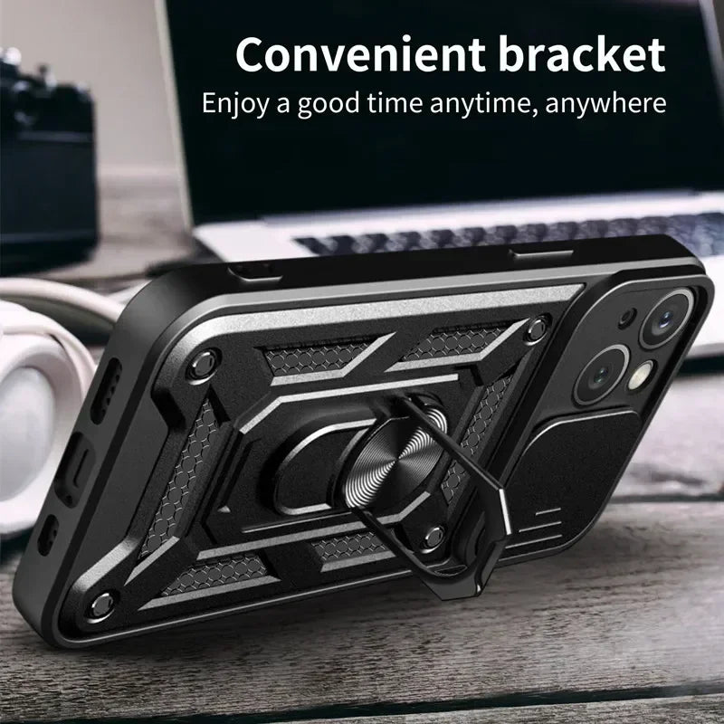 Shockproof Armor Case for iPhone pro Max plus with Slide Camera Lens Protection Matte Anti-Glare Non-Slip Cover for Models 11 to 16