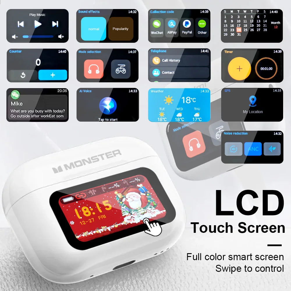 MONSTER Tws Wireless Bluetooth Earphones HD Stereo Sound Earbuds Headphones Charging Box LCD Touch Display Sports In-Ear Headset