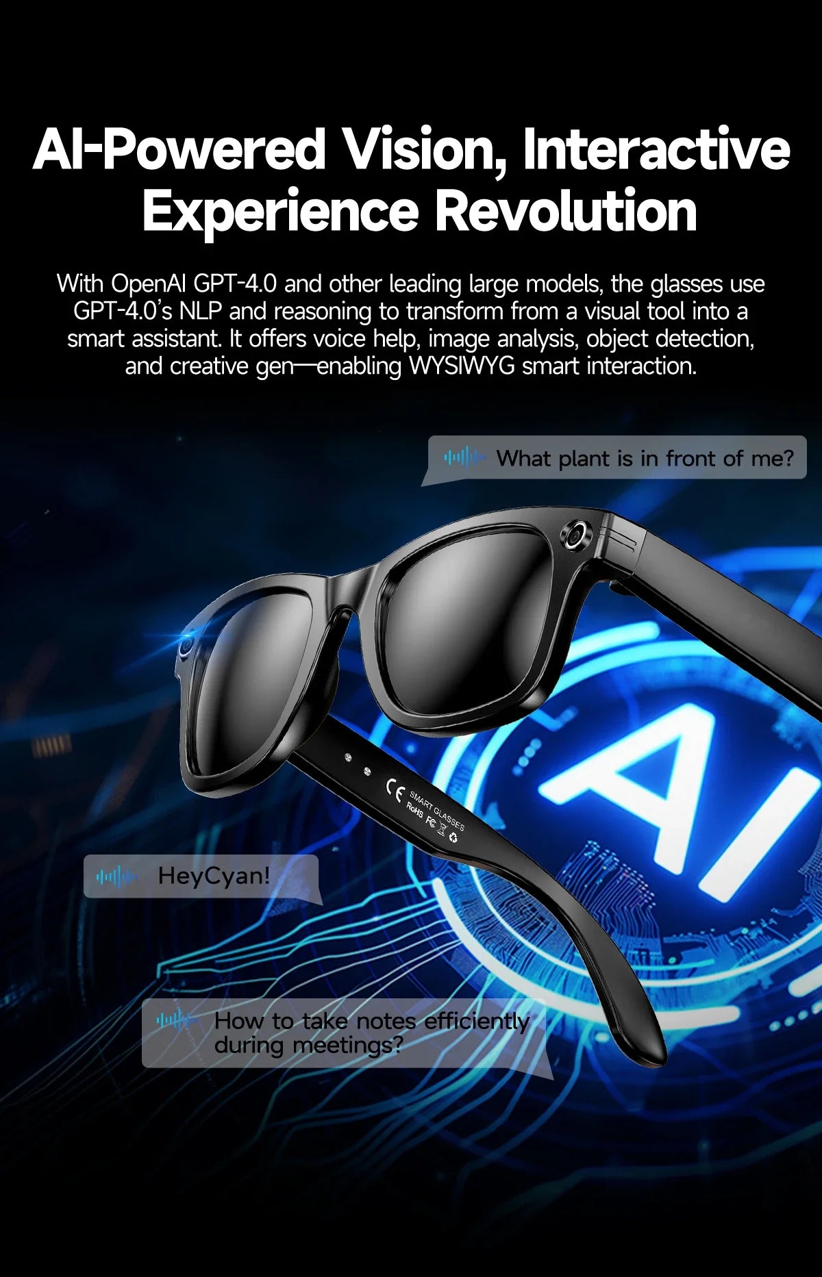 AI for Meta Smart Glasses 8MP Camera Video Recording 100+ Languages Translation Sunglasses Bluetooth Call Music Play