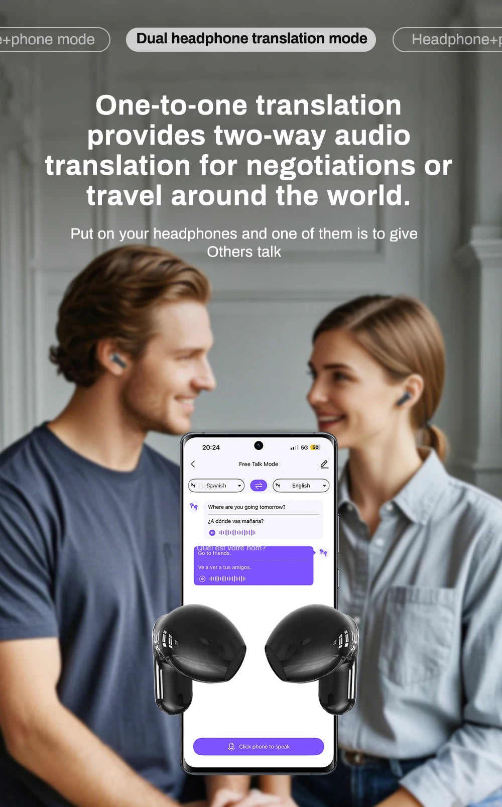 New Bluetooth 6.0 Wireless Headphones Translation Earphones IPX4 Waterproof Rating Long Battery Life