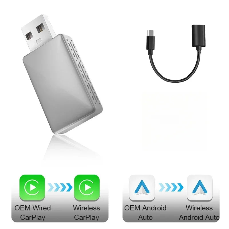 Wired To Wireless Carplay Android Auto 2in1 Wireless Adapter Carplay Wireless Adapter  for OEM Car Stereo with USB Plug and Play