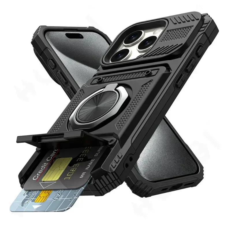 Heavy Duty Magnetic Rotated Ring Kickstand Wallet Cover for iPhone 16/15/14/13/12/11 pro Max XS XR 8 7 plus - Dual Layer Drop Protection Case