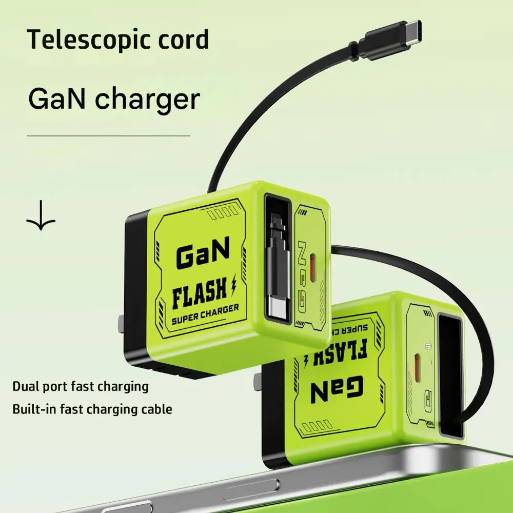 Hot 52W GaN Charger Retractable Type C Cable Phone Charger Fast With 2 USB Ports Laptops Charger for Phone, Laptops