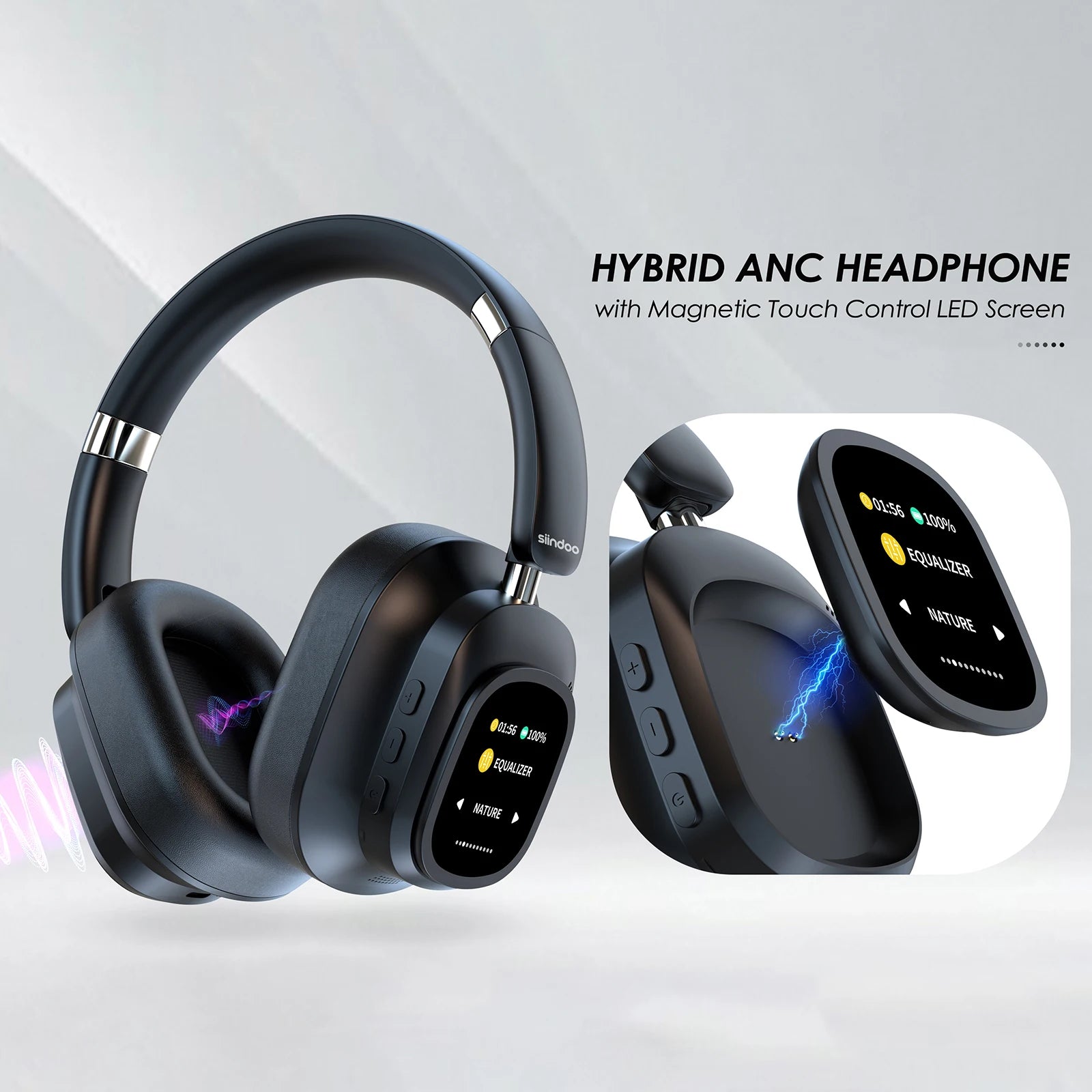 Active Noise Cancelling Headphones, Hybrid Wireless Headphone With Multi Magnetic Touch Control LED Screen
