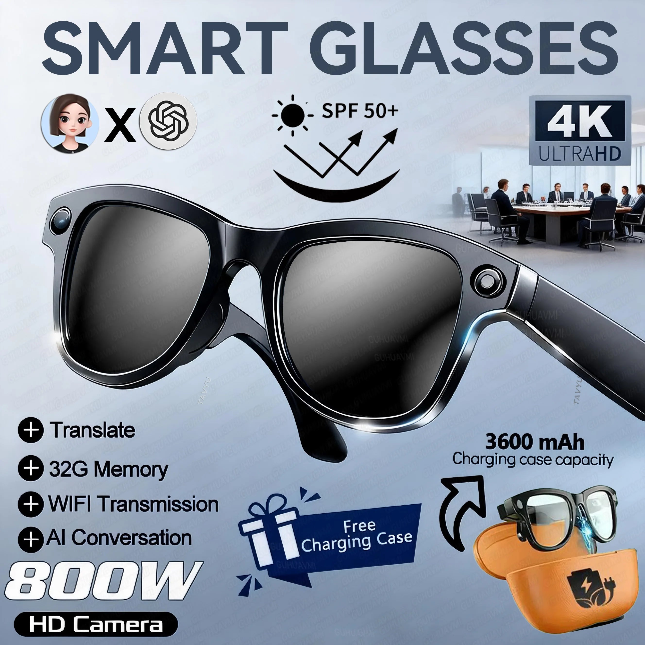 AI Glasses 1080P HD Camera M02 Ultra ChatGPT 3600mAh Charging Case Power Bank 32GB Translation Music Video Sunglasses