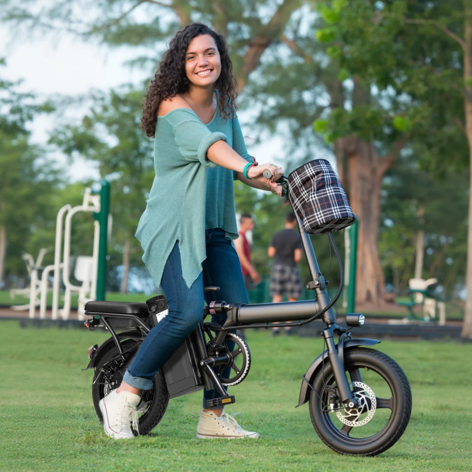 500W Dual Disc Brake Foldable Electric Bicycle 14 Inch 48V10.4Ah Battery 22 Miles Range 20MPH Max Speed with Seat And Basket 1Year Warranty