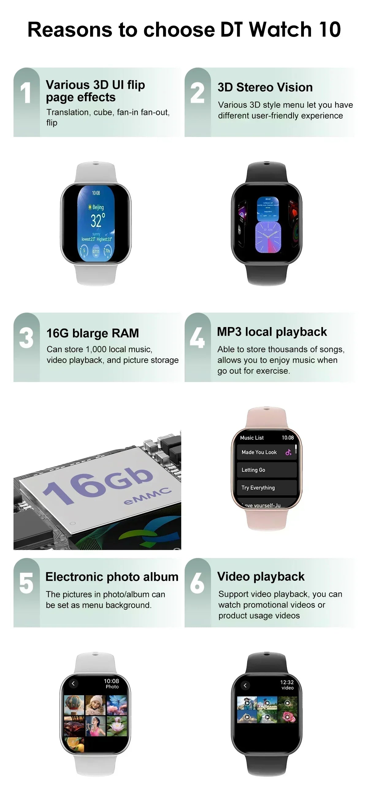 Smart Watch 4G Music Video Bluetooth Call Waterproof for Android iOS with TWS Earphones 1.96' AMOLED HD Touch Screen