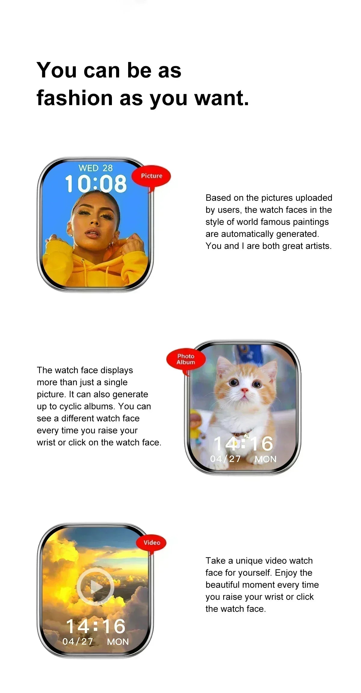 Smart Watch 4G Music Video Bluetooth Call Waterproof for Android iOS with TWS Earphones 1.96' AMOLED HD Touch Screen
