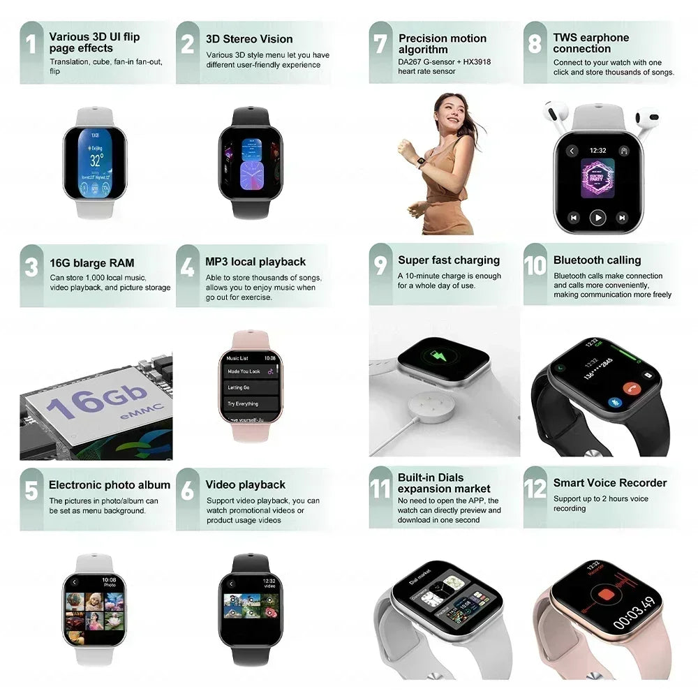 Smart Watch 4G Music Video Bluetooth Call Waterproof for Android iOS with TWS Earphones 1.96' AMOLED HD Touch Screen