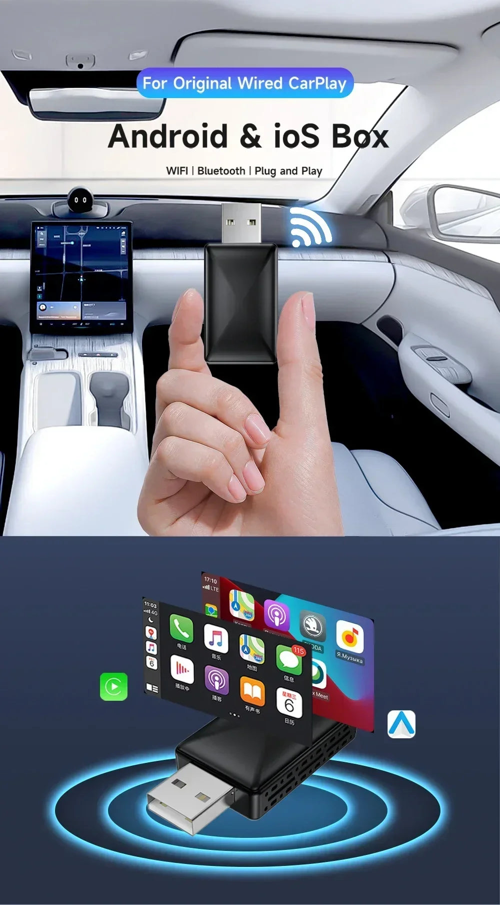 Wired To Wireless Carplay Android Auto 2in1 Wireless Adapter Carplay Wireless Adapter  for OEM Car Stereo with USB Plug and Play