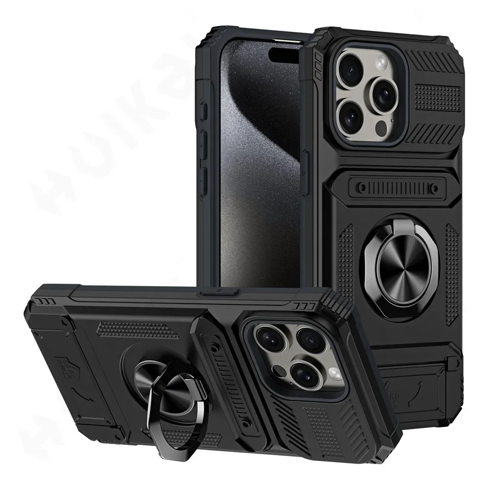 Heavy Duty Magnetic Rotated Ring Kickstand Wallet Cover for iPhone 16/15/14/13/12/11 pro Max XS XR 8 7 plus - Dual Layer Drop Protection Case