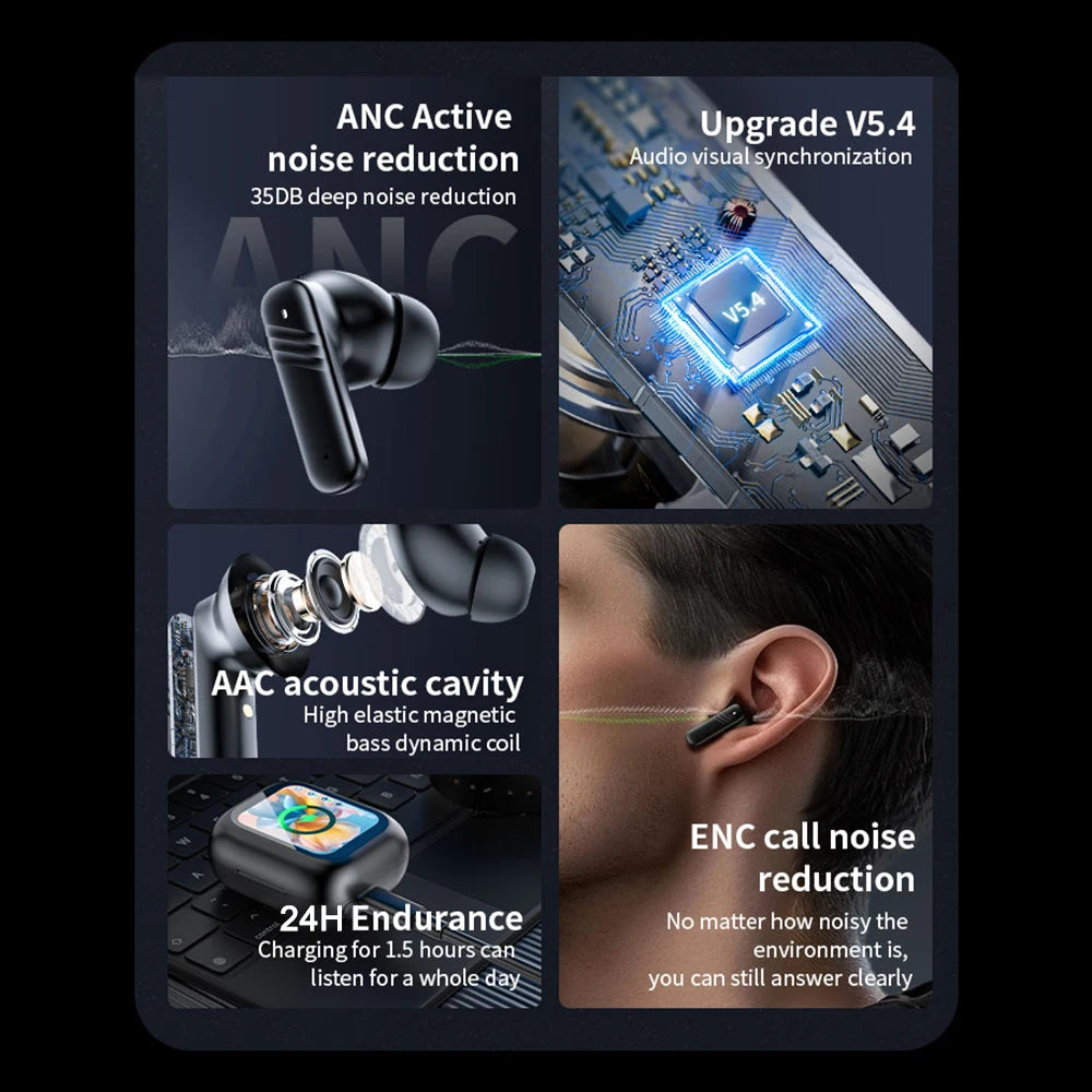 Full Touch Screen Headphones ANC Bluetooth 5.4 Noise Cancelling Earphones Wireless In-Ear ENC Earbuds With Mic for Smartphone
