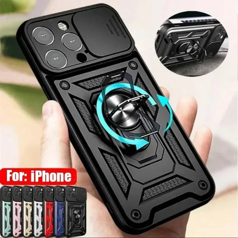 Shockproof Armor Case for iPhone pro Max plus with Slide Camera Lens Protection Matte Anti-Glare Non-Slip Cover for Models 11 to 16