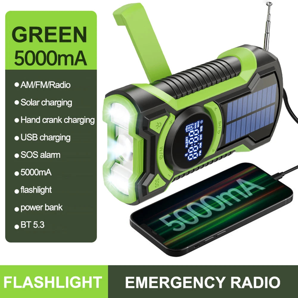 12000mAh Hand Crank Solar Power Radio Portable AM/FM/NOAA Weather Radio with LED Flashlight Power Bank Outdoor Emergency Radio