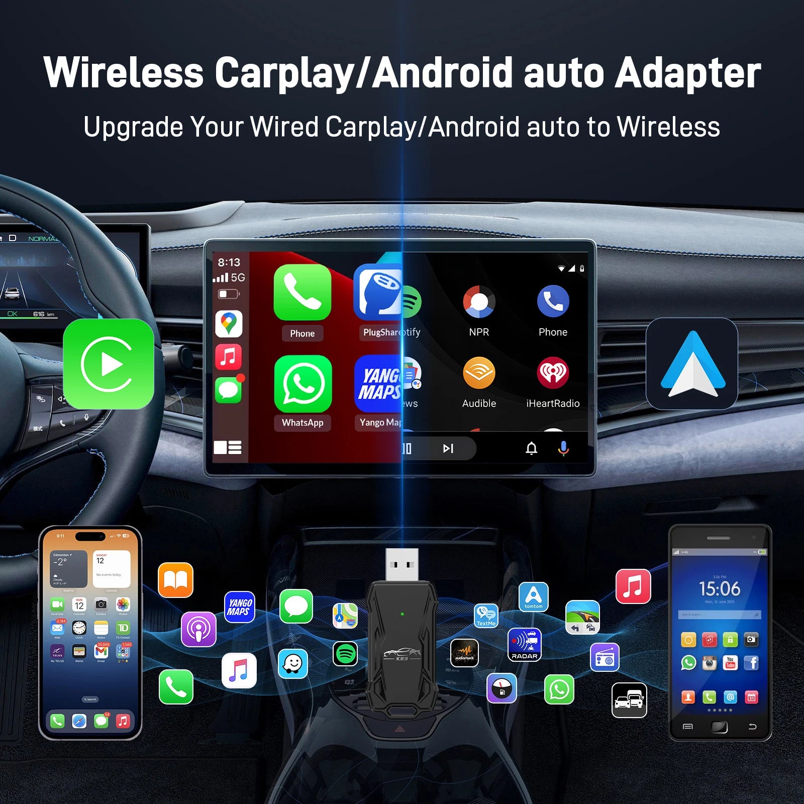 Wireless Mini CarPlay Adapter Wired to Wireless CarPlay Dongle Plug and Play CarPlay Wireless Adapter for Android iOS Cars from