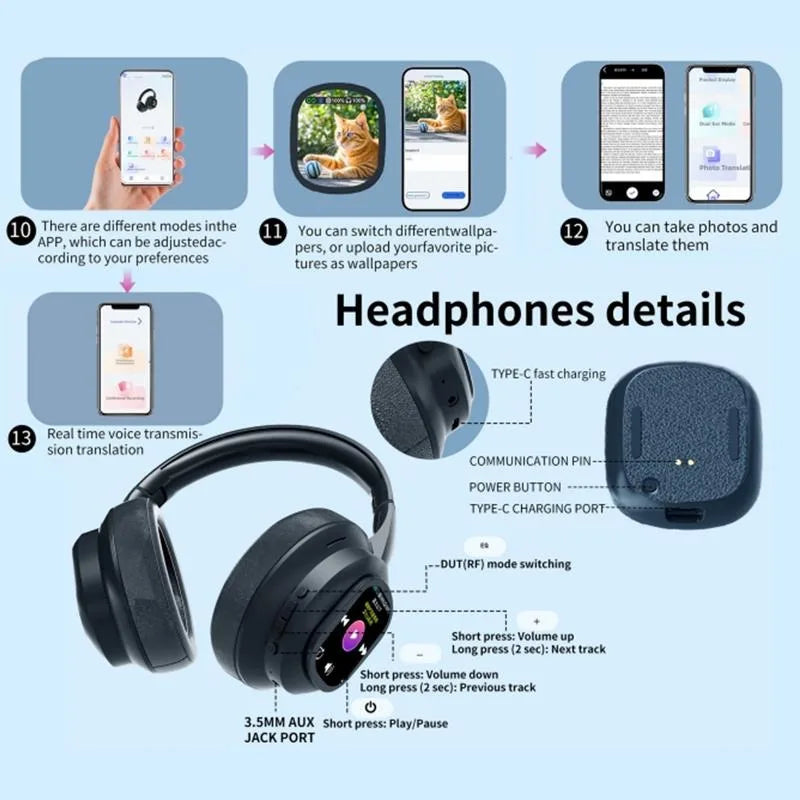 AI LCD Touch Screen Shock Bass Headsets HIFI Sound Wireless Bluetooth Headphones ANC Noise Reduction Gamer Earphones With HD Mic