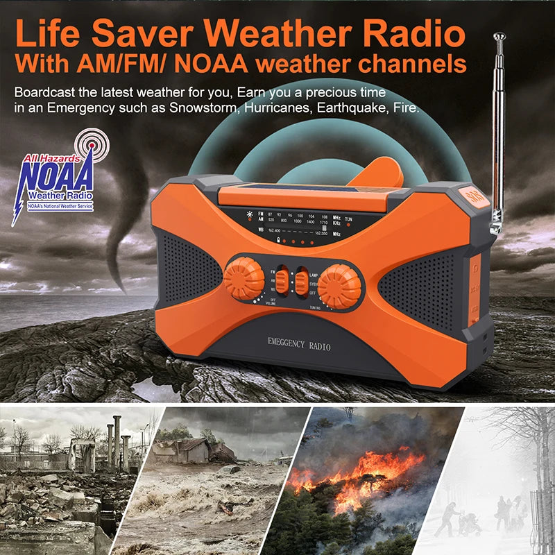 12000mAh Hand Crank Solar Power Radio Portable AM/FM/NOAA Weather Radio with LED Flashlight Power Bank Outdoor Emergency Radio