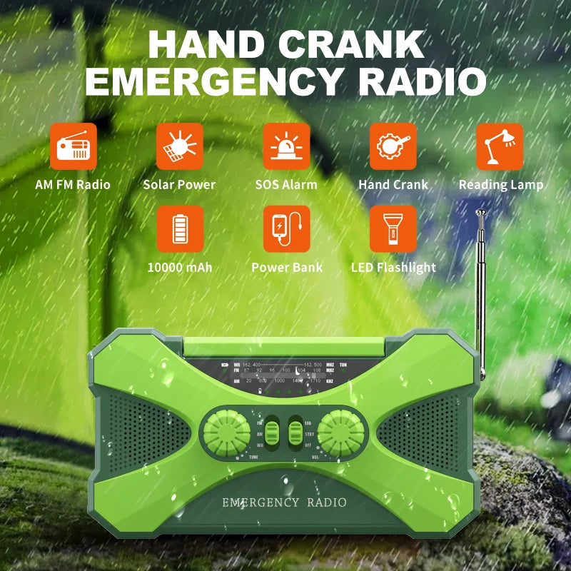 12000mAh Hand Crank Solar Power Radio Portable AM/FM/NOAA Weather Radio with LED Flashlight Power Bank Outdoor Emergency Radio