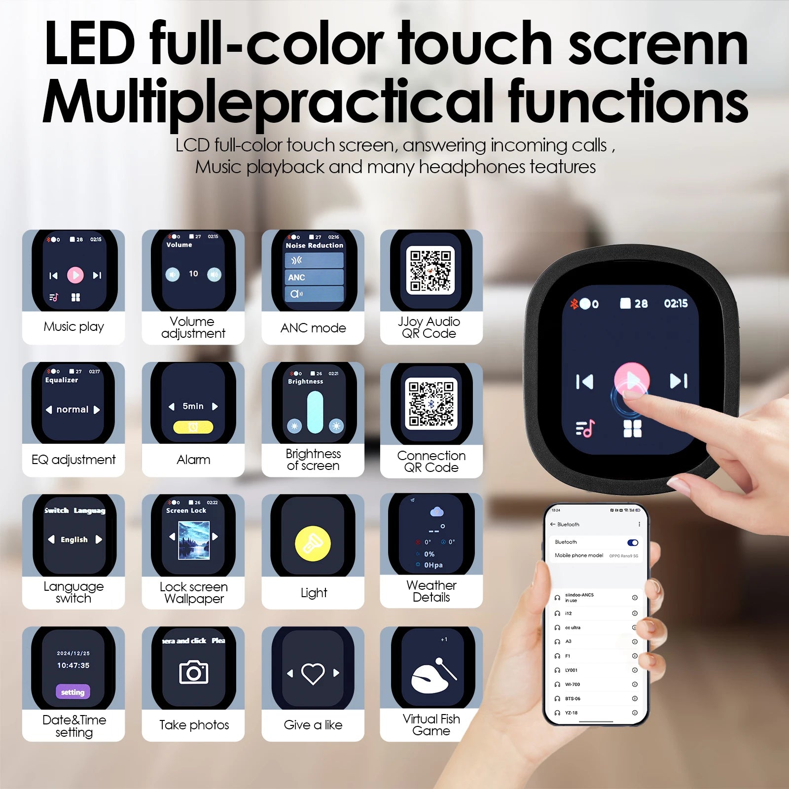 Active Noise Cancelling Headphones, Hybrid Wireless Headphone With Multi Magnetic Touch Control LED Screen