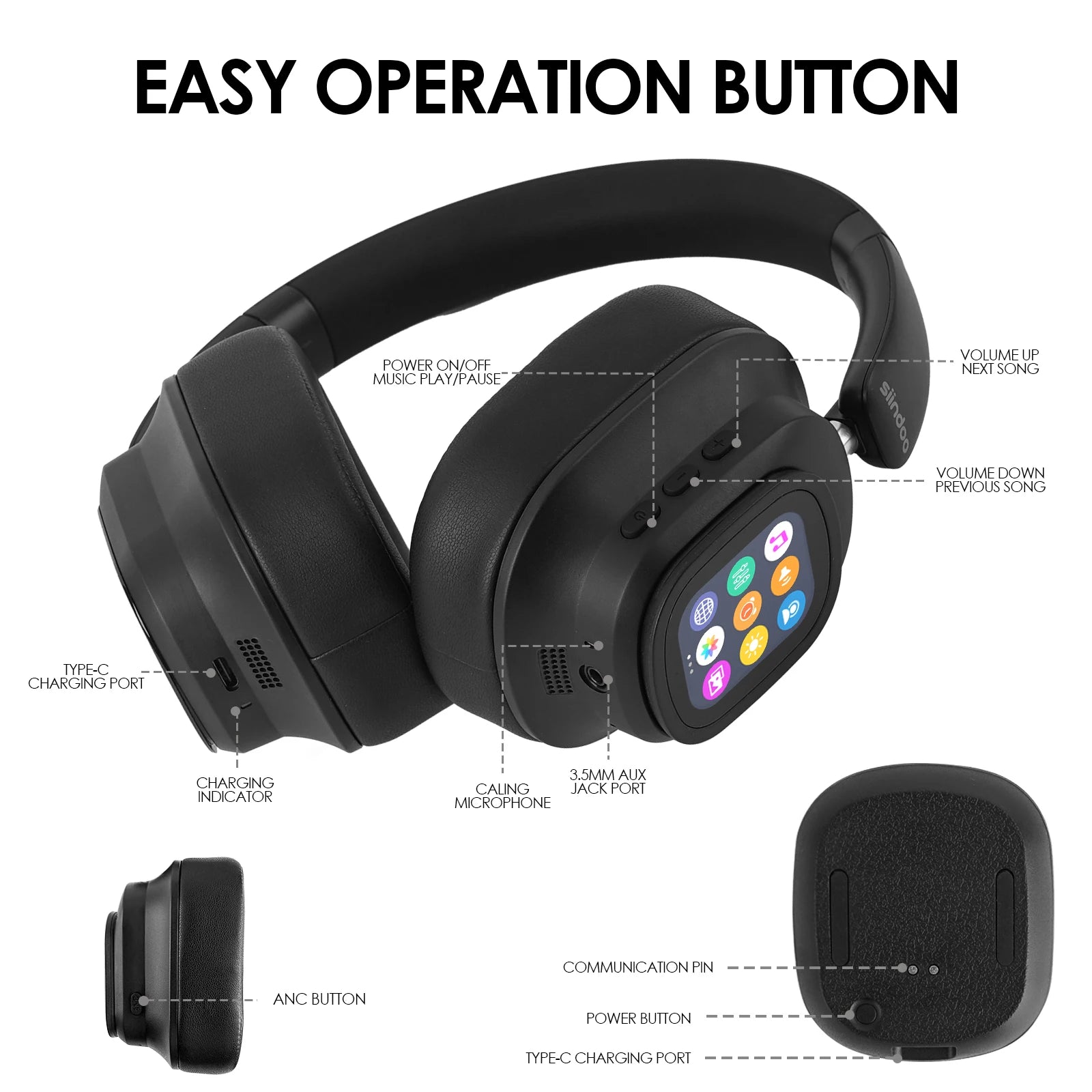Active Noise Cancelling Headphones, Hybrid Wireless Headphone With Multi Magnetic Touch Control LED Screen