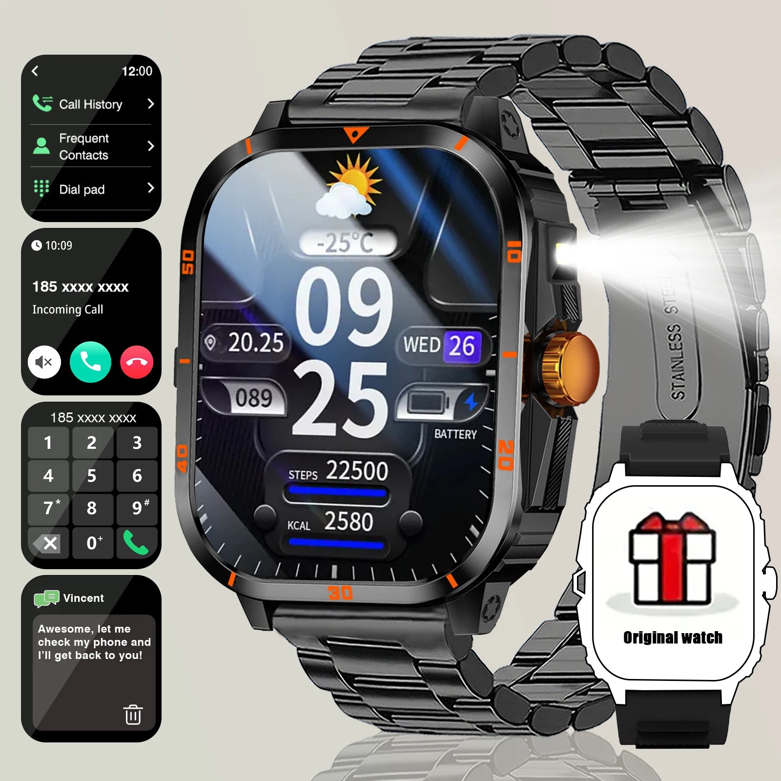 Men's Smart Watch with Wireless Calling, Dual Straps (Stainless Steel+Silicone), Step Counter Flashlight & Message Reminder