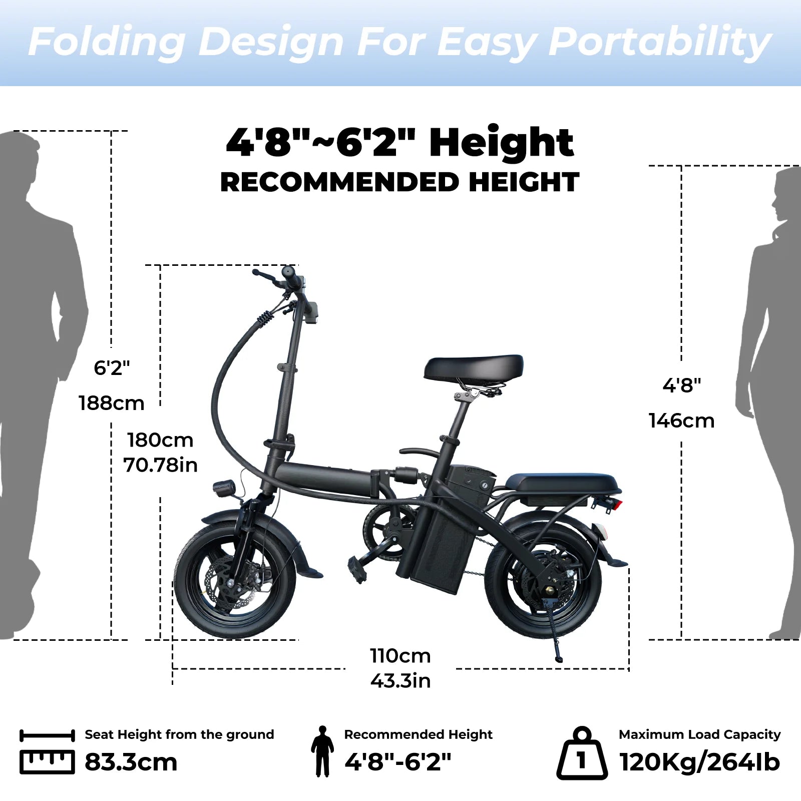 500W Dual Disc Brake Foldable Electric Bicycle 14 Inch 48V10.4Ah Battery 22 Miles Range 20MPH Max Speed with Seat And Basket 1Year Warranty