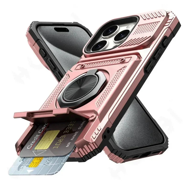 Heavy Duty Magnetic Rotated Ring Kickstand Wallet Cover for iPhone 16/15/14/13/12/11 pro Max XS XR 8 7 plus - Dual Layer Drop Protection Case
