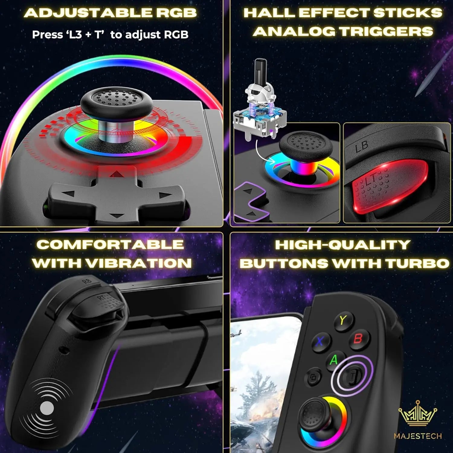 Mobile Gaming Controller for iPhone/Android/iPad/Tablet,Play Xbox Cloud,PS Remote PlayRGB Hall Joystick