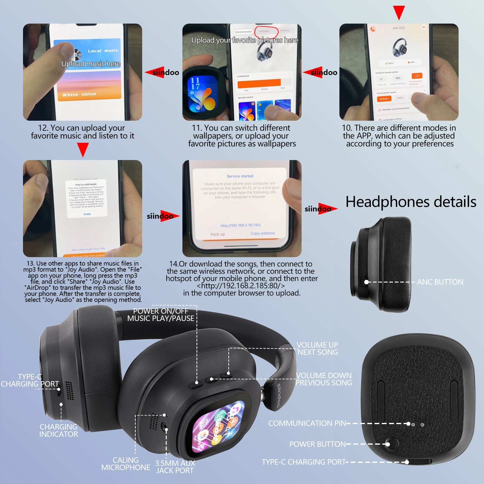 Active Noise Cancelling Headphones, Hybrid Wireless Headphone With Multi Magnetic Touch Control LED Screen