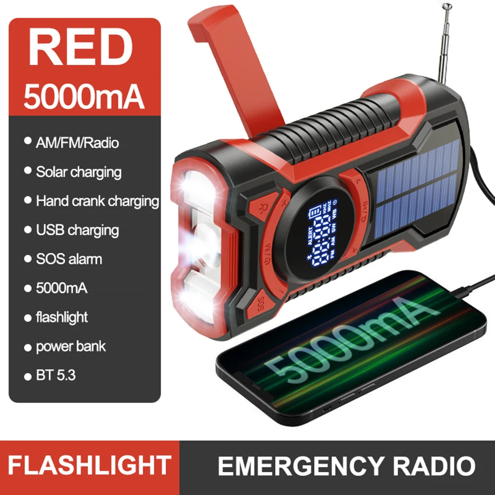 12000mAh Hand Crank Solar Power Radio Portable AM/FM/NOAA Weather Radio with LED Flashlight Power Bank Outdoor Emergency Radio