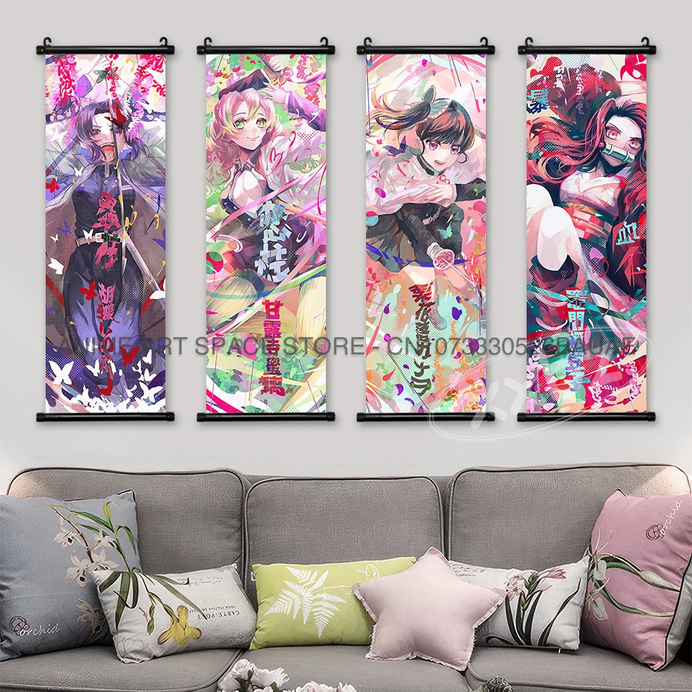 Demon Slayer Hanging Painting Anime Poster Wall Art Gift Kamado Tanjirou Canvas Scroll Picture Print Home Decor Kawaii Kids Room