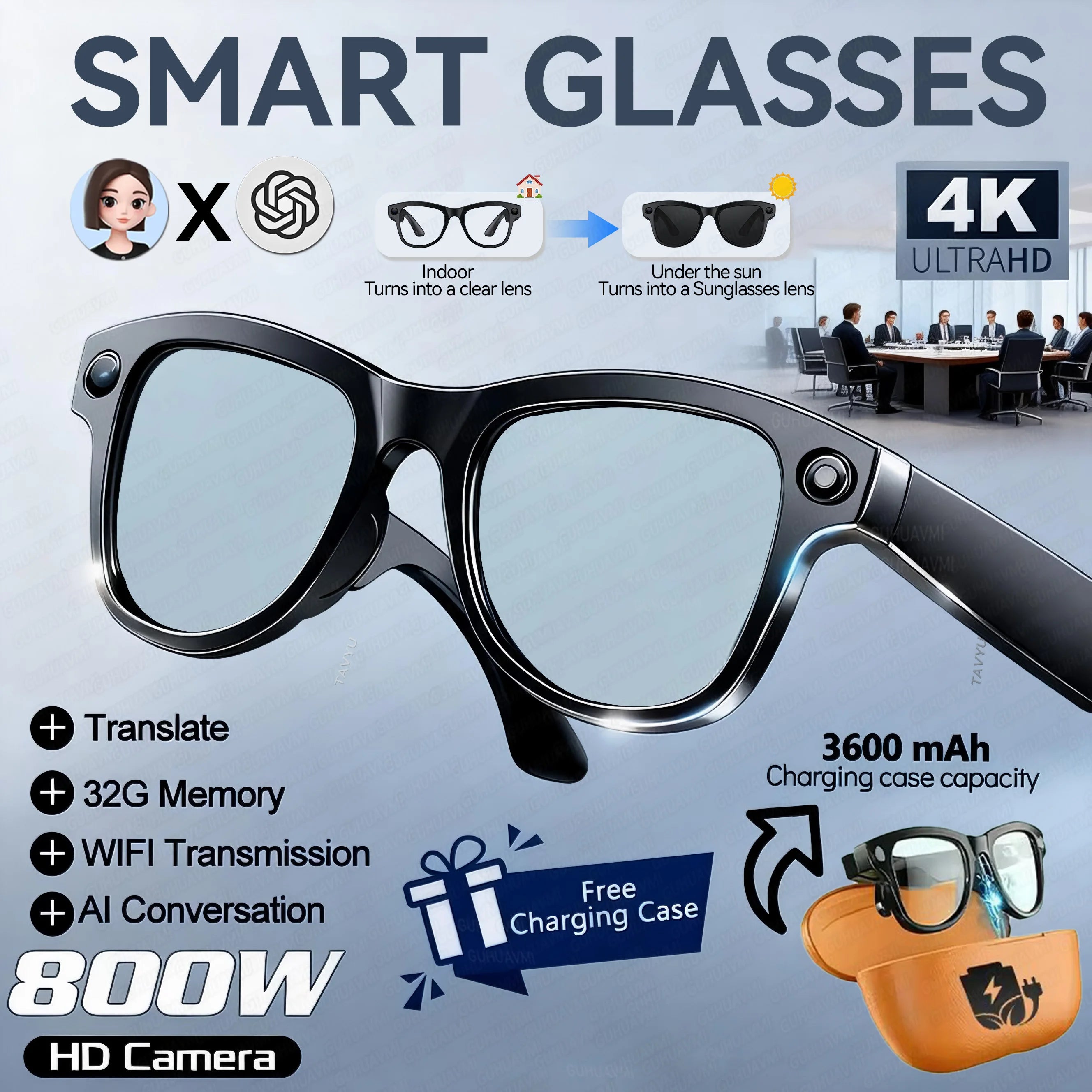 AI Glasses 1080P HD Camera M02 Ultra ChatGPT 3600mAh Charging Case Power Bank 32GB Translation Music Video Sunglasses