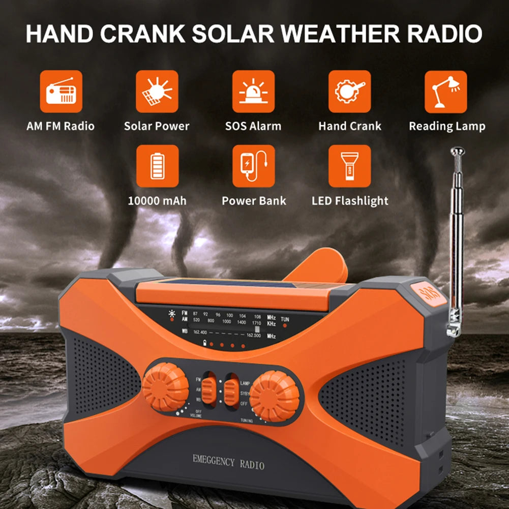 12000mAh Hand Crank Solar Power Radio Portable AM/FM/NOAA Weather Radio with LED Flashlight Power Bank Outdoor Emergency Radio