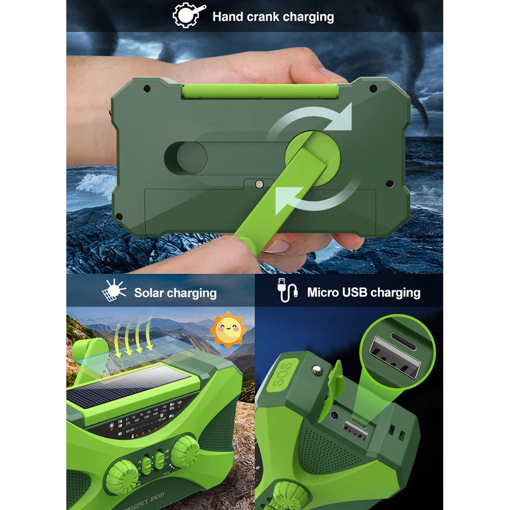 12000mAh Hand Crank Solar Power Radio Portable AM/FM/NOAA Weather Radio with LED Flashlight Power Bank Outdoor Emergency Radio