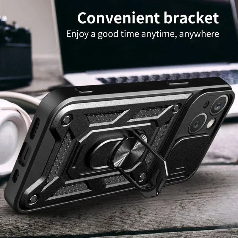 Shockproof Armor Case for iPhone pro Max plus with Slide Camera Lens Protection Matte Anti-Glare Non-Slip Cover for Models 11 to 16
