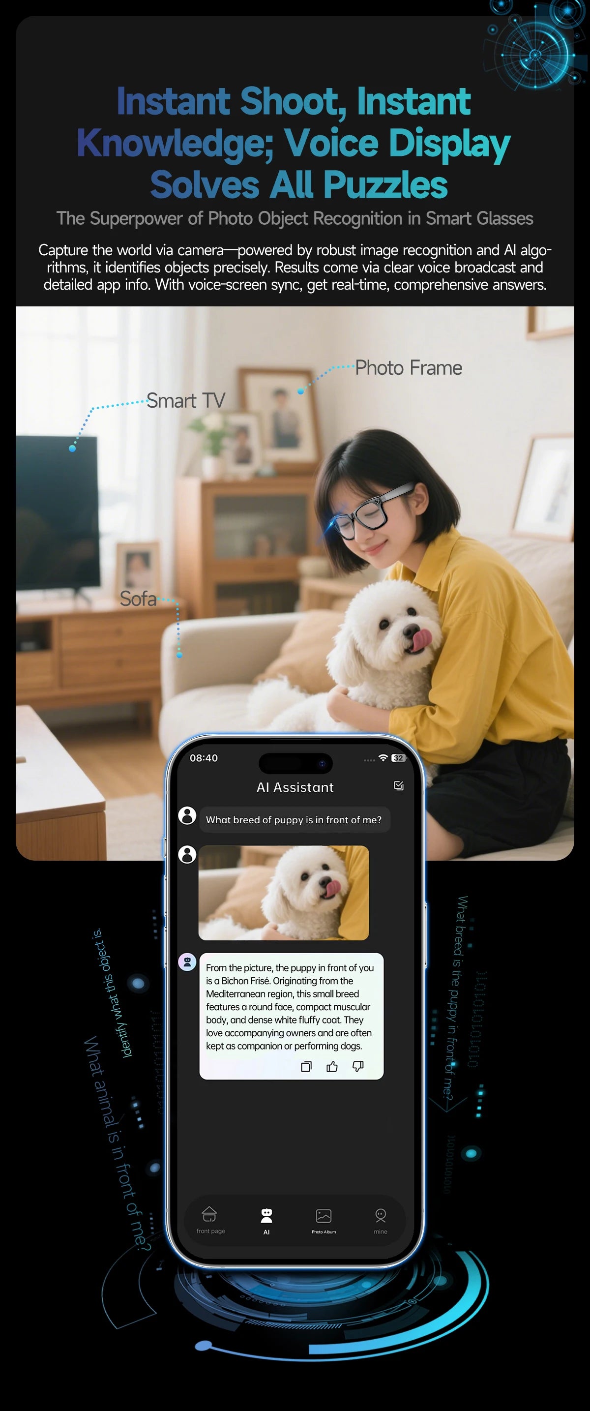 AI for Meta Smart Glasses 8MP Camera Video Recording 100+ Languages Translation Sunglasses Bluetooth Call Music Play