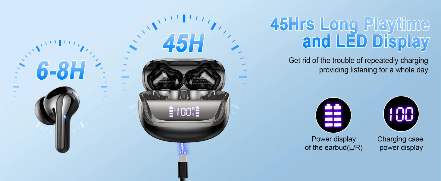 Wireless Earbuds, Bluetooth 5.3 Earbuds Stereo Bass, iNoise Cancelling Mic, Earphones IPX7 Waterproof Sports, 35H Playback.