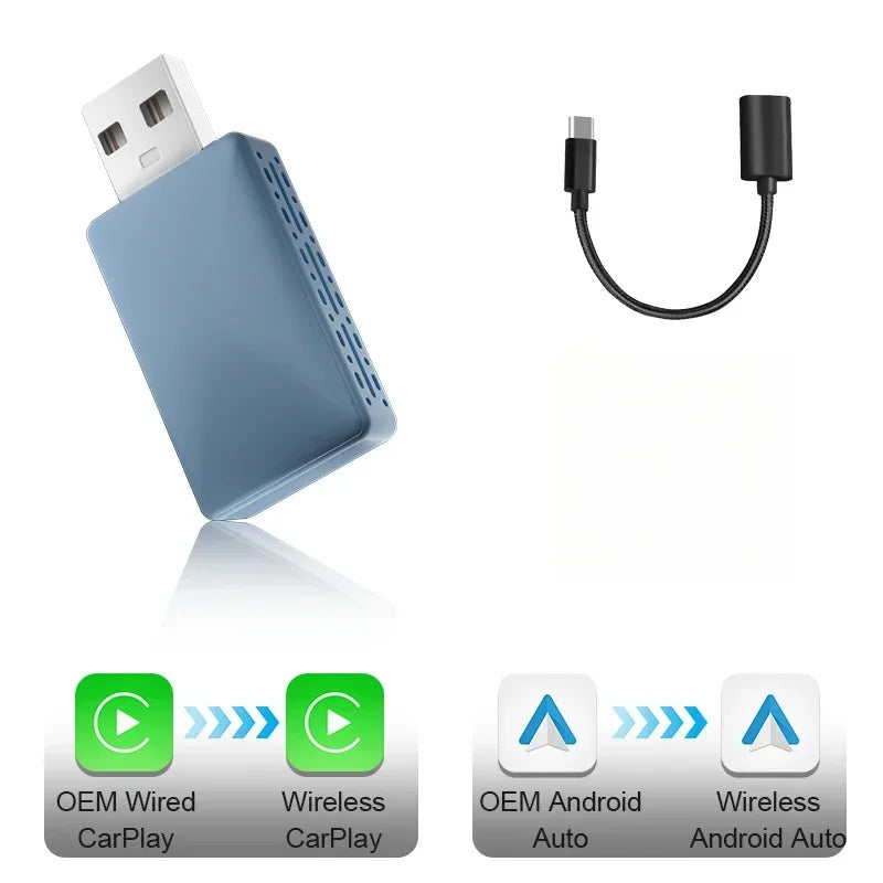 Wired To Wireless Carplay Android Auto 2in1 Wireless Adapter Carplay Wireless Adapter  for OEM Car Stereo with USB Plug and Play
