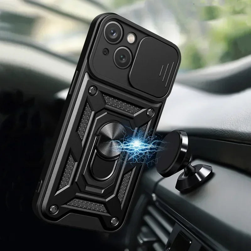 Shockproof Armor Case for iPhone pro Max plus with Slide Camera Lens Protection Matte Anti-Glare Non-Slip Cover for Models 11 to 16