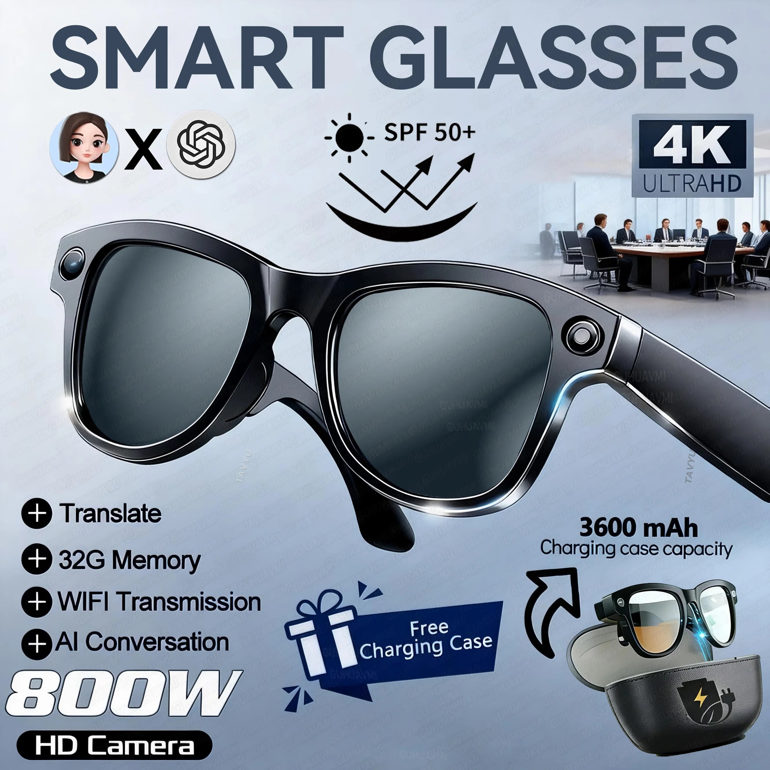 AI Glasses 1080P HD Camera M02 Ultra ChatGPT 3600mAh Charging Case Power Bank 32GB Translation Music Video Sunglasses