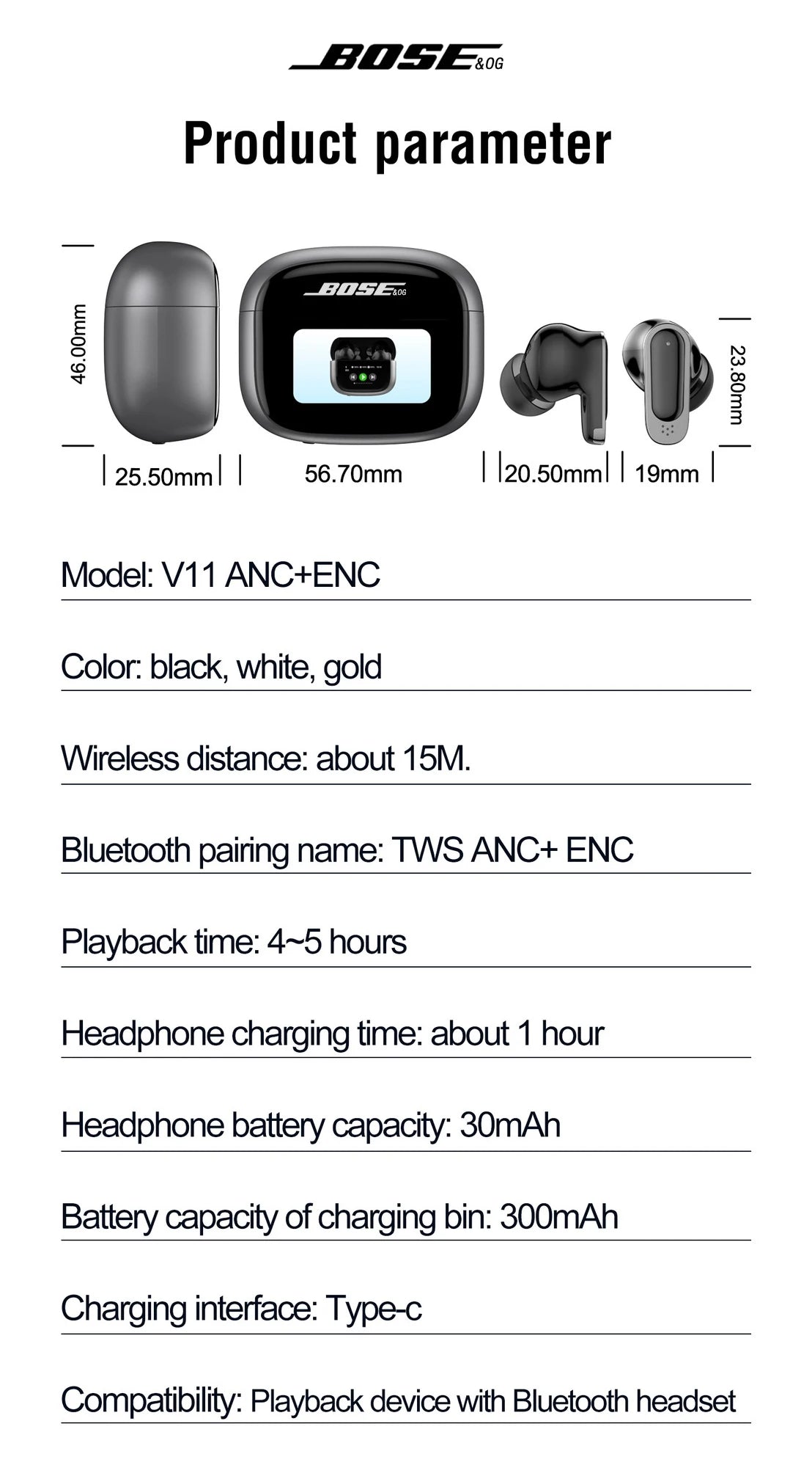 V11 Touch Screen Headphones ANC Bluetooth5.4 Noise Cancelling Earphones HiFi Stereo Wireless In-Ear ENC Earbuds With Mic